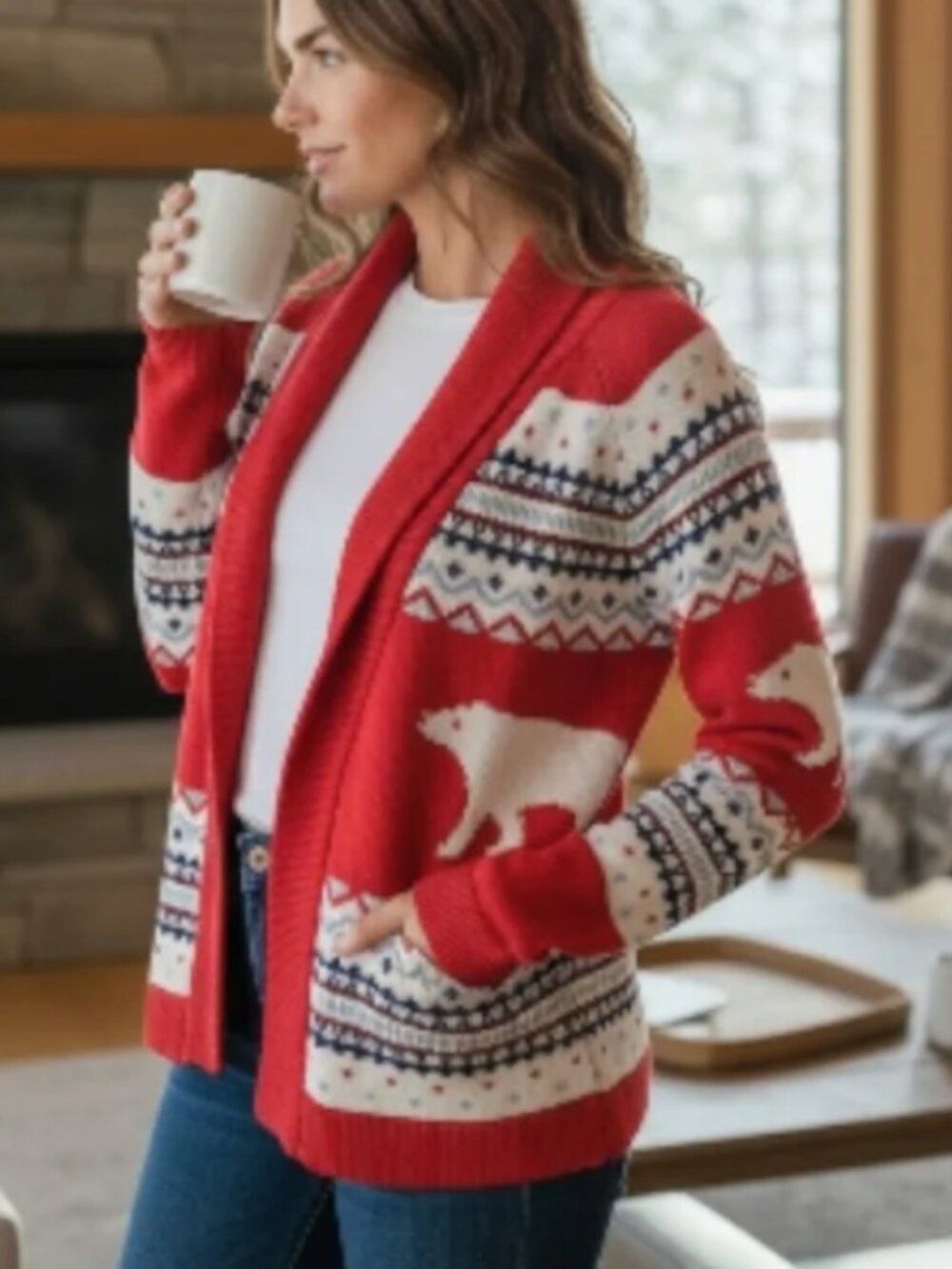 Hanna Andersson Fair Isle Bear Nordic Open Front Cardigan w/pockets Small-Medium